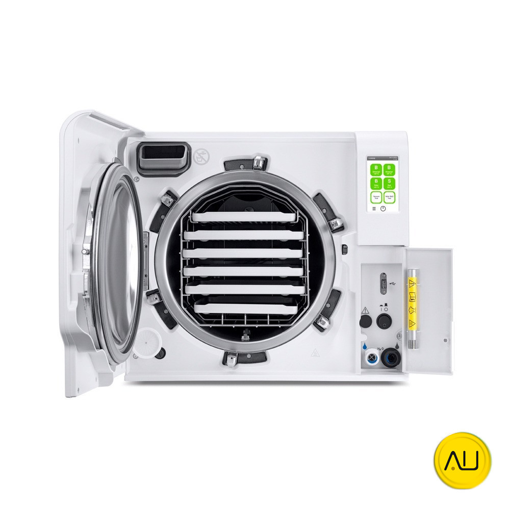 tienda-venta-servicio-tecnico-especializado-autoclave-wh-lara-xl-frontal-tapas-abiertas Frontal puerta abierta con bandejas autoclave W&H Lara XL en venta para comprar en la tienda de Autoclav.es